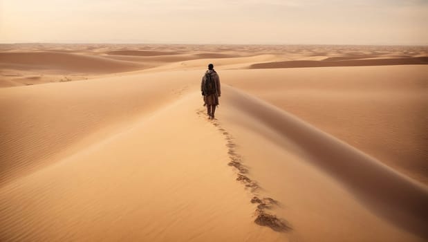 This photo captures a solitary man walking across a vast desert covered in sand, with a clear blue sky as the backdrop.