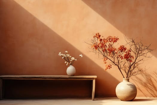 Oriental interior in natural earthy tones. Clay pot, vase in the interior.