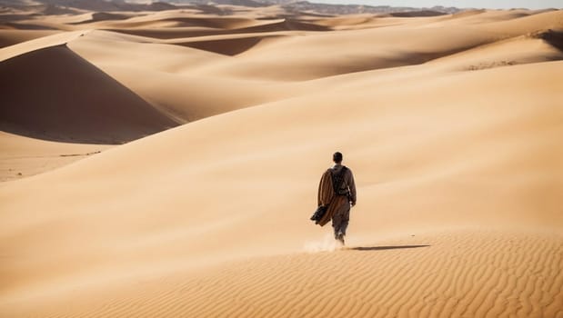 A man walks across a vast desert, his figure standing out against the backdrop of endless sand.