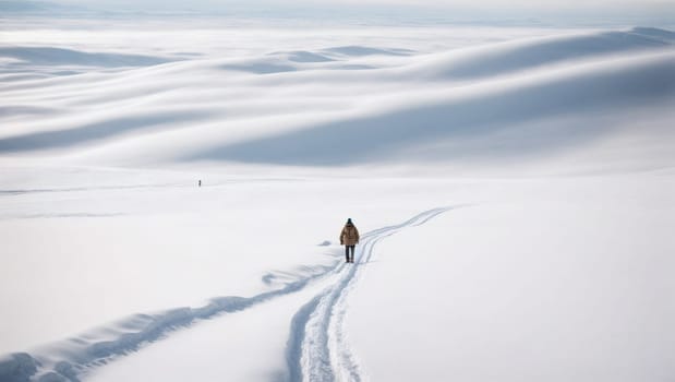 A person walks across a snow covered field on a cold winter day.