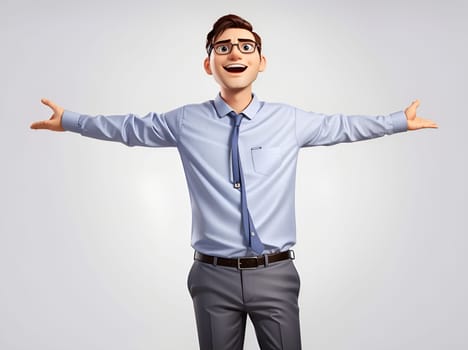 A man wearing a blue shirt and tie stretches out his arms in a forward motion.