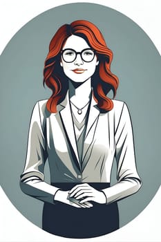 A woman with red hair and glasses stands confidently in the center of a circle of people.