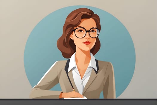A smart, confident woman wearing a business suit and glasses poses for a professional photo.