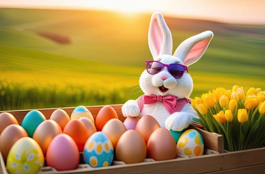 Easter concept. A white toy and cheerful rabbit with glasses sits in the truck of a car with Easter colorful eggs. Truck on the background of the road and green grass with flowers, sunset rays of the sun. Egg delivery.Close-up.