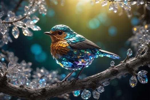 A vibrant, multicolored bird sitting gracefully on a branch of a tree.