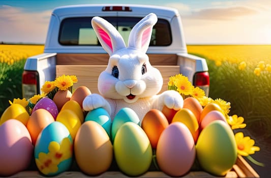 Easter concept. A white cartoon and cheerful bunny sits in a car truck with Easter colorful eggs. Truck on the background of the road and green grass with flowers, sunset rays of the sun. Egg delivery. Close-up.