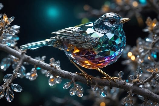 A beautiful crystal bird sitting gracefully on top of a tree branch, shining in the sunlight.