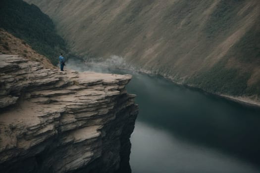 A person stands on a cliff, taking in the breathtaking view of a vast body of water.