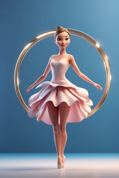 A woman wearing a pink dress stands confidently in front of a perfectly circular object.