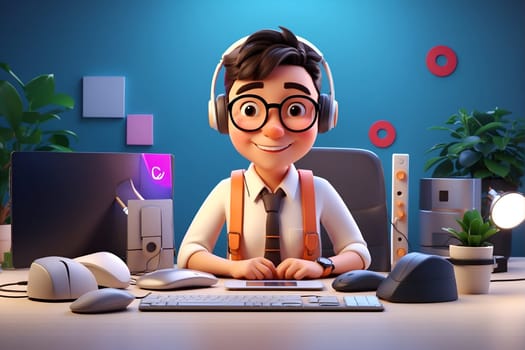 A cartoon character wearing headphones sits at a desk while working or listening to music.