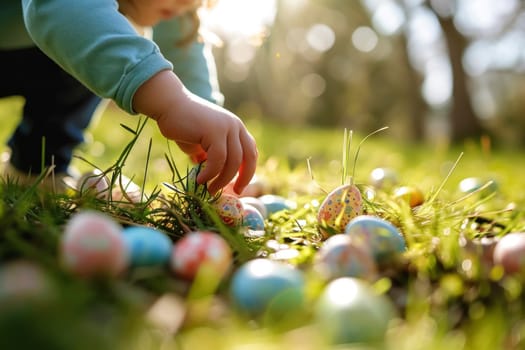 A young child reaches for brightly colored Easter eggs scattered across sunlit green grass.