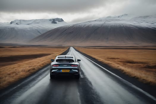 An image of a car driving down a road surrounded by majestic mountains in the background.