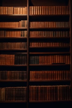 A bookshelf filled with numerous books, arranged neatly, in a room with minimal lighting.