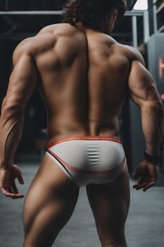 A man with no shirt standing confidently wearing white briefs.