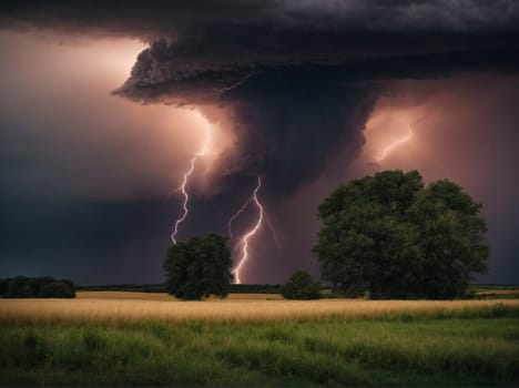 A large, dark storm cloud moves swiftly towards an open field, foreboding an imminent downpour.