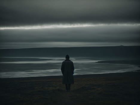 A lone figure stands on a deserted beach under the night sky.