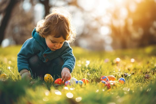 Child collecting Easter eggs in sunlight