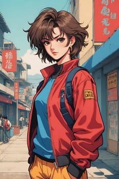 A woman wearing a red jacket stands on a bustling city street, surrounded by buildings and pedestrians.