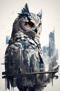 A detailed painting featuring an owl perched on a branch, with a bustling cityscape as the backdrop.