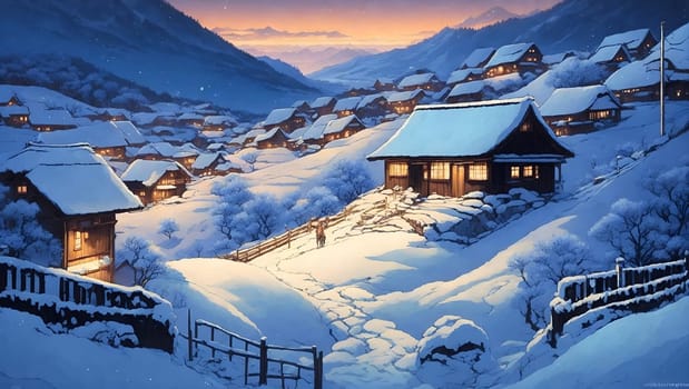 A colorful painting capturing a snowy mountain village, showcasing charming houses nestled amidst towering peaks covered in snow.