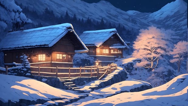 A painting of a cabin nestled in the snow, surrounded by a winter landscape.