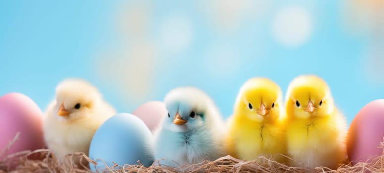Fluffy yellow and blue chicks surrounded by pastel-colored Easter eggs on a soft blue background.