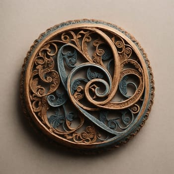 A close-up photo of a brooch featuring an elegant swirl design crafted from silver and adorned with blue enamel.