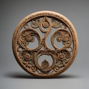 A close-up photograph showcasing a wooden object featuring a carefully crafted circular design.