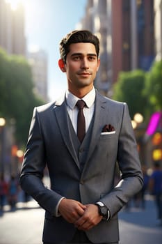 A well-dressed man in a suit standing confidently on a bustling city street surrounded by tall buildings.