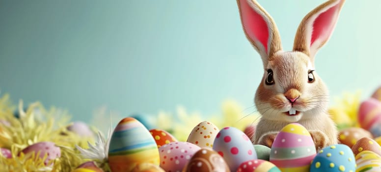 Easter bunny with a multitude of colorful eggs