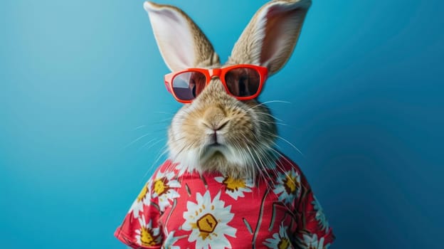 A cute rabbit donning a vibrant floral shirt and orange sunglasses, poised against a soft blue backdrop.