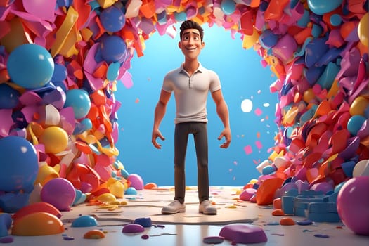 A man stands confidently in a tunnel created by colorful balloons surrounding him.