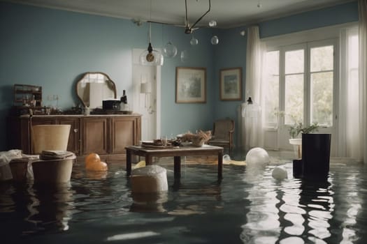 A living room completely flooded with water, with furniture floating and displaced throughout the space.