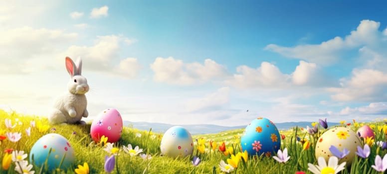Bunny with Easter eggs in a flower meadow