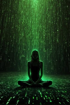 A woman sits in the middle of a room illuminated by green lights.