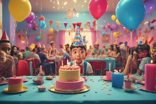 A group of children celebrating a birthday with a cake and colorful balloons.