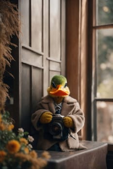 A duck dressed in a coat is holding a camera, ready to capture moments.