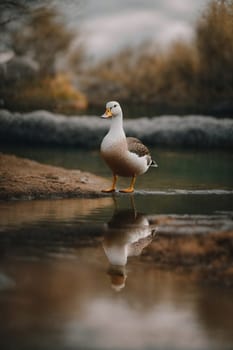 A duck stands at the edge of a smooth body of water, ready to take flight.