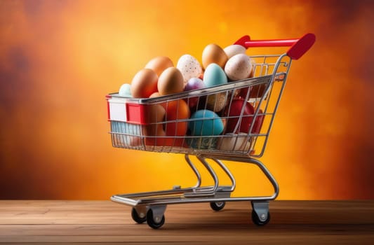 Easter concept. Grocery cart with colorful Easter eggs on an orange background. A basket full of eggs. Close-up. Layout.