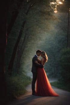 A man and a woman stand together in the center of a road.