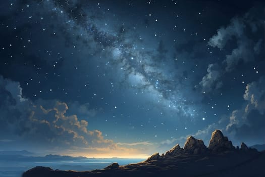 The painting captures the mesmerizing beauty of a night sky adorned with stars and swirling clouds.