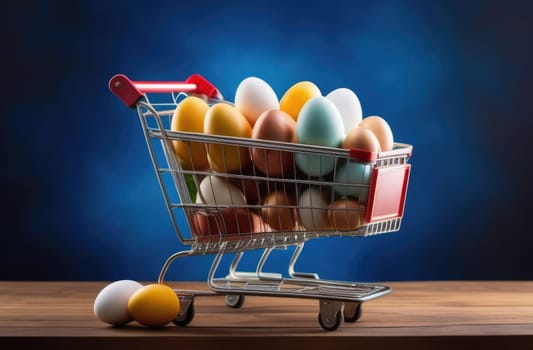 Easter concept. Grocery cart with colorful Easter eggs on a blue background. A basket full of eggs. Egg delivery. Close-up. Layout.