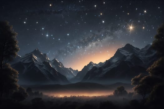 A striking night scene featuring towering mountains and a sky filled with shimmering stars.