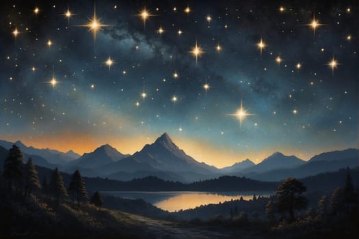 A painting depicting a dark night sky adorned with countless shimmering stars.