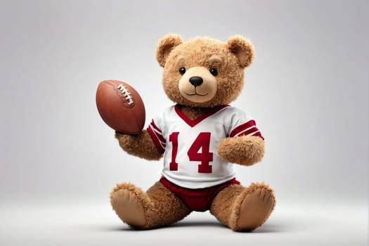 A teddy bear confidently holds a football while wearing a jersey, displaying its playful and sporty nature.