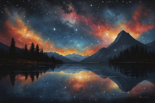 A realistic painting depicting a mountain reflected in water under a starry night sky.