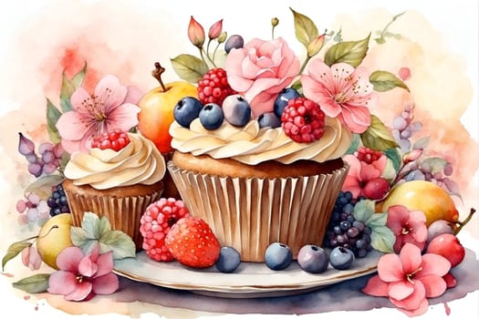A vibrant painting featuring a meticulously detailed cupcake adorned with an assortment of fresh fruit toppings.