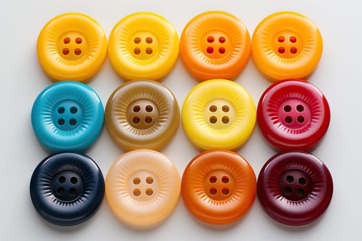 Collection of plastic multi-colored buttons for sewing on a white background.