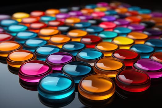 Side view of a set of glossy round buttons on a black background.