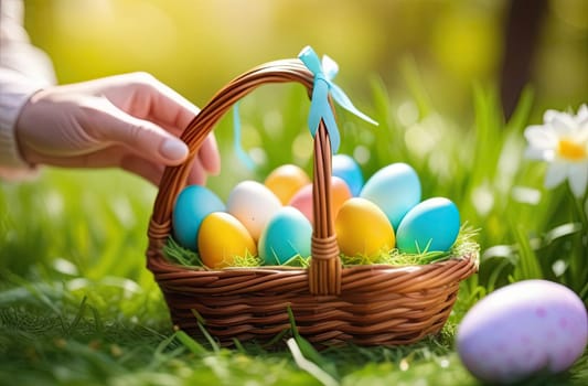 Easter concept. Egg hunt. Children's hands hold a wicker basket with multi-colored Easter eggs on the green grass in the park in the spring, setting sun. Close-up.